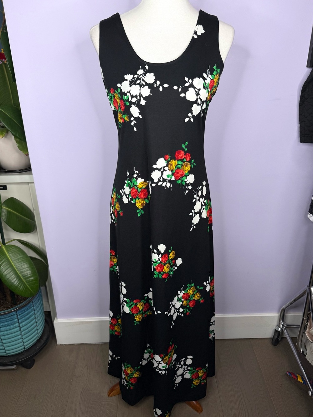 Caron Vintage 70's Black with Floral Print Maxi Dress